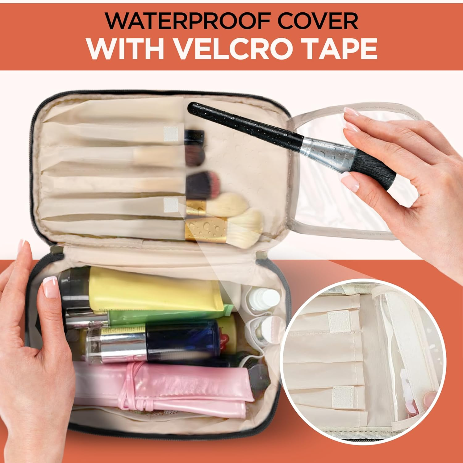 Leesh & CO Makeup Bag - Large Travel Cosmetic Organizer with Brush Holders for Women - Eco-Friendly Vegan Leather, Waterproof & Durable Cosmetics Bag - Perfect for Toiletries, Beauty Products (Black)