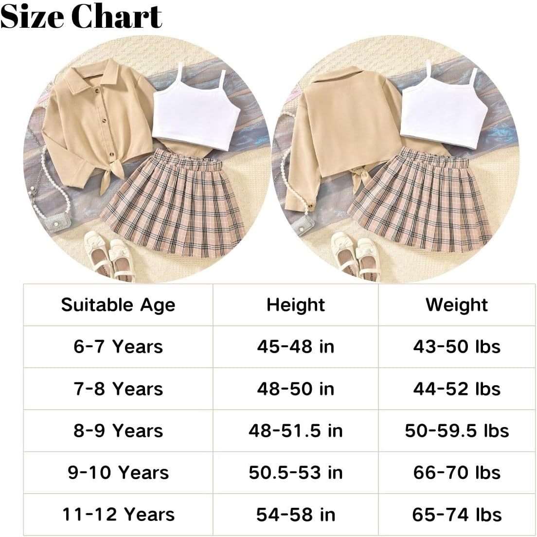 Girls 3 Piece Skirt Set Cami Crop Tops Pleated Skirt with Button Shirts Size 6-12 image number 3