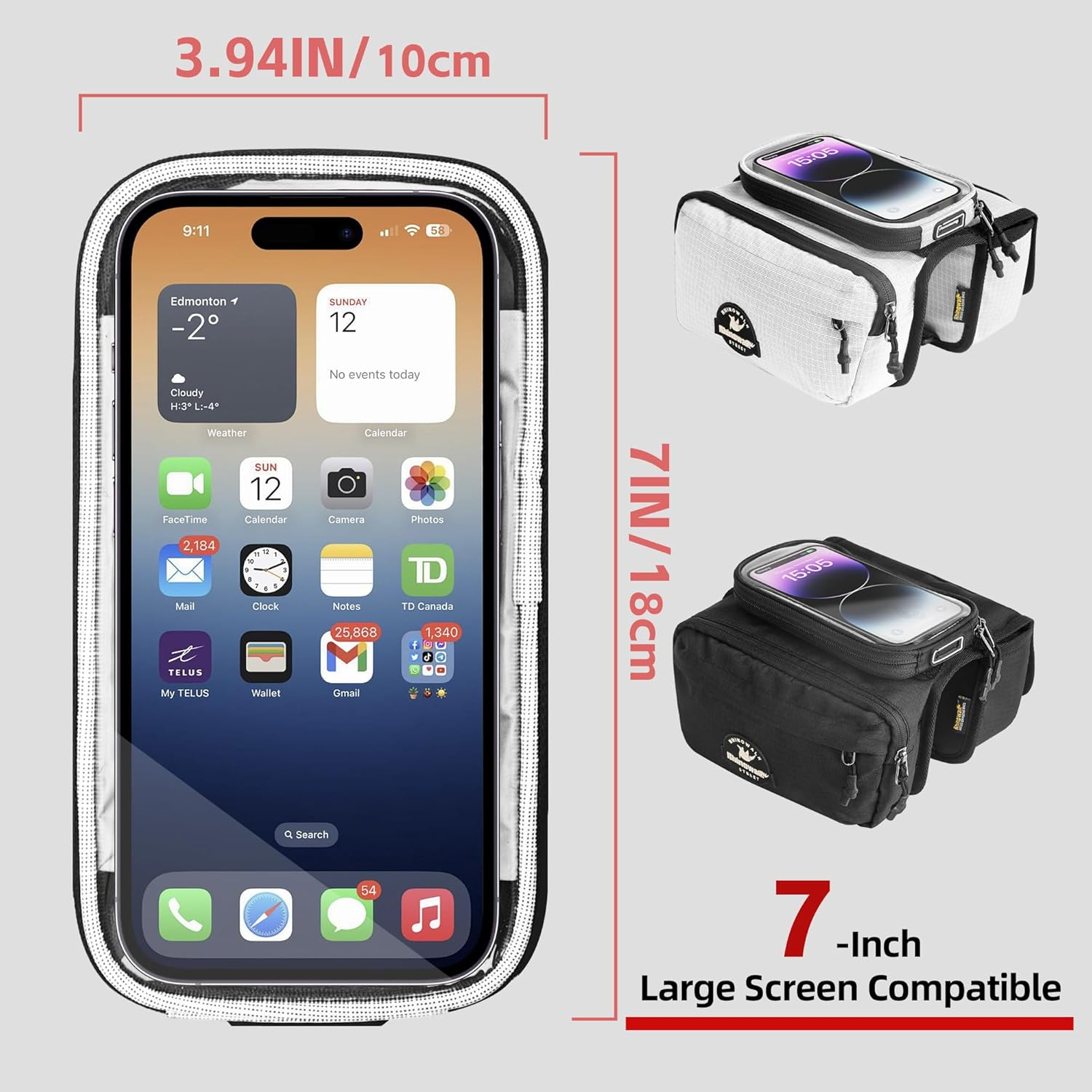 Rhinowalk Bike Front Frame Bag Bicycle Top Tube Frame Storage Waterproof Bicycle Handlebar Bag Fit Smartphone Professional Cycling Accessories-White