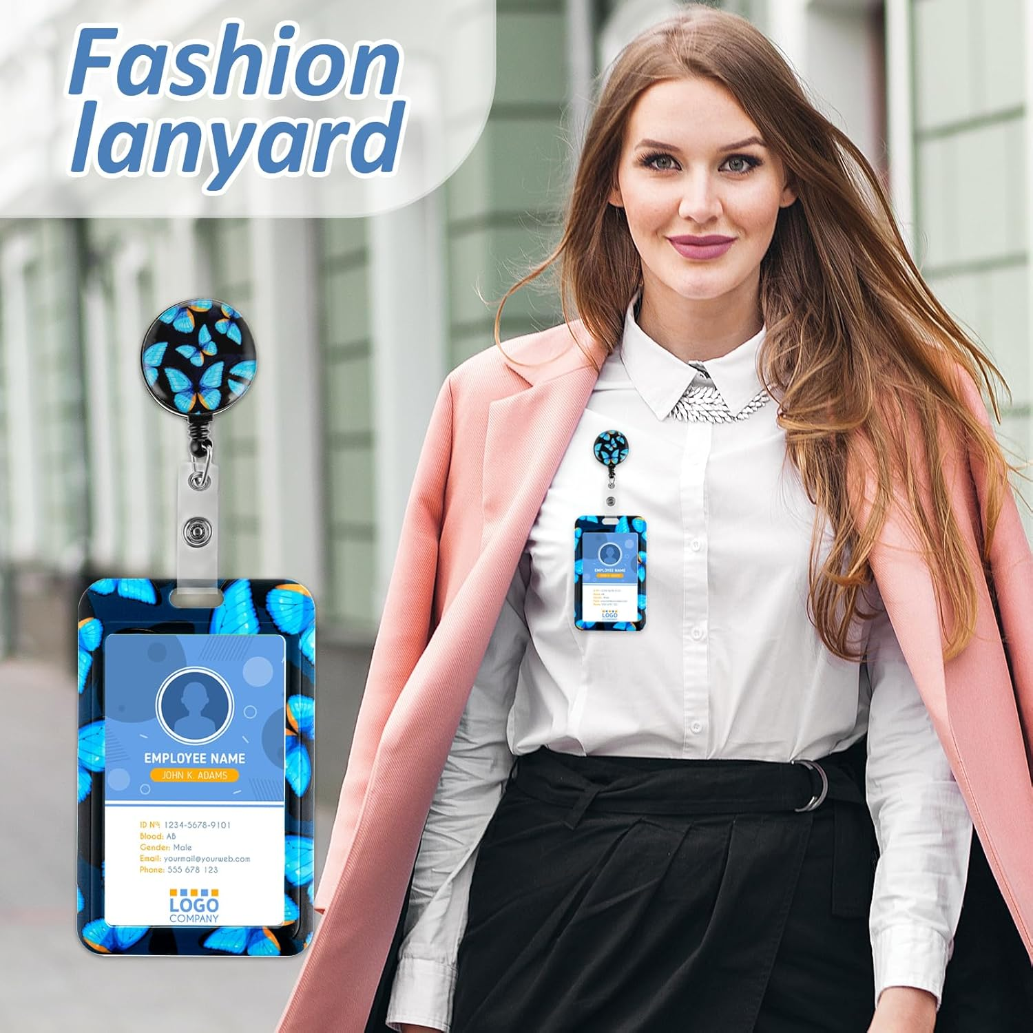 Amabro Butterfly Badge Holder with Lanyard, Retractable Badge Reel Clip Key Lanyard Cute ID Card Holder with Breakaway Lanyard Vertical ID Badge Holder Keychain for Women(Blue)