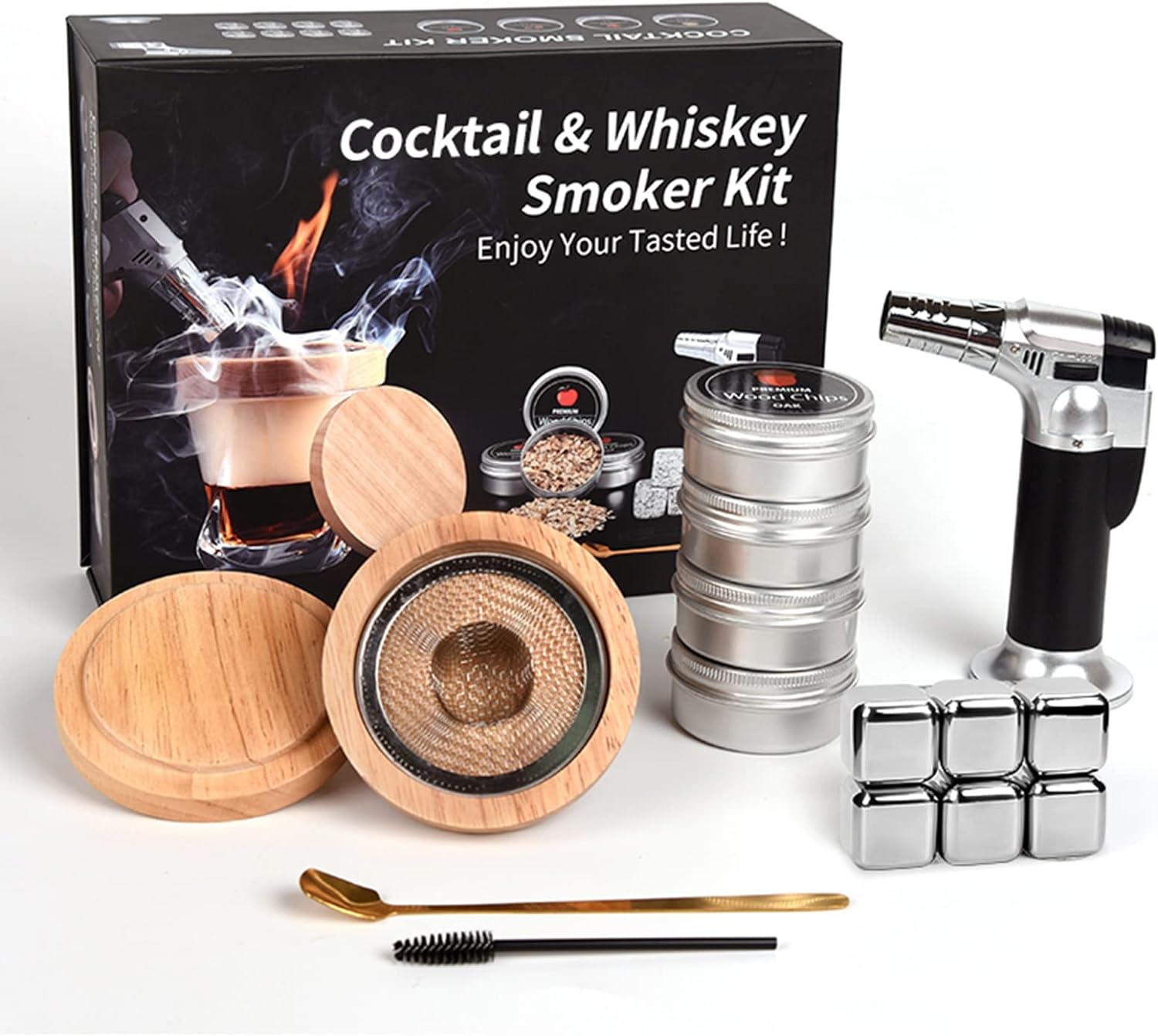 Roseflower Cocktail Smoker Kit with Torch, Old Fashioned Bourbon Drink Smoker Infuser Kit Meat Cheese Salad with 4 Flavors Wood Chips, Ideal Gifts for Whiskey Lovers, Dad, Husband, Men, Ice Cube*6