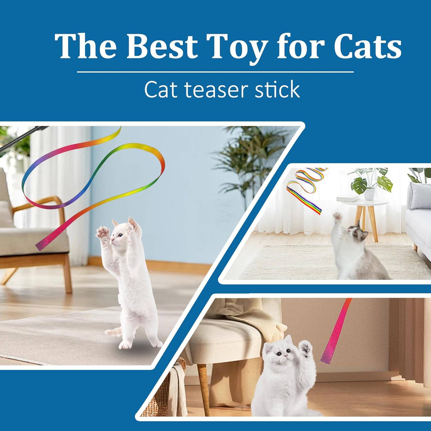 Cat Wand Interactive Toys, 2 Sets of Colored Fabric Ribbon Stick, Indoor Interactive Cat Rope Toys, Cat Athletes Pet Toy Accessories (Rainbow Cat Rope Toys)