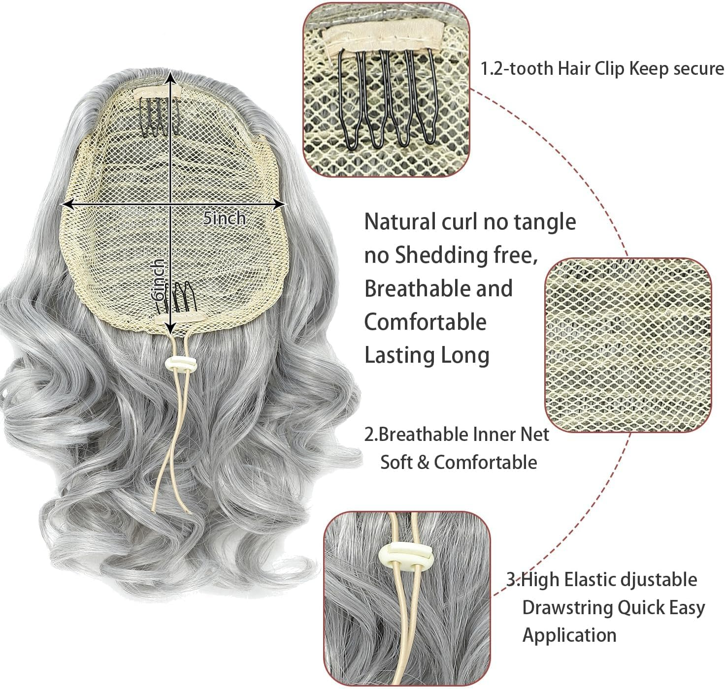 PORSMEER Ponytail Hairpiece with Drawstring, Short Wavy Braid Extension Hair Extensions, Synthetic Wavy Hair Extensions, Clip-In Ponytail, Silver-Grey for Women, 26 Cm image number 3