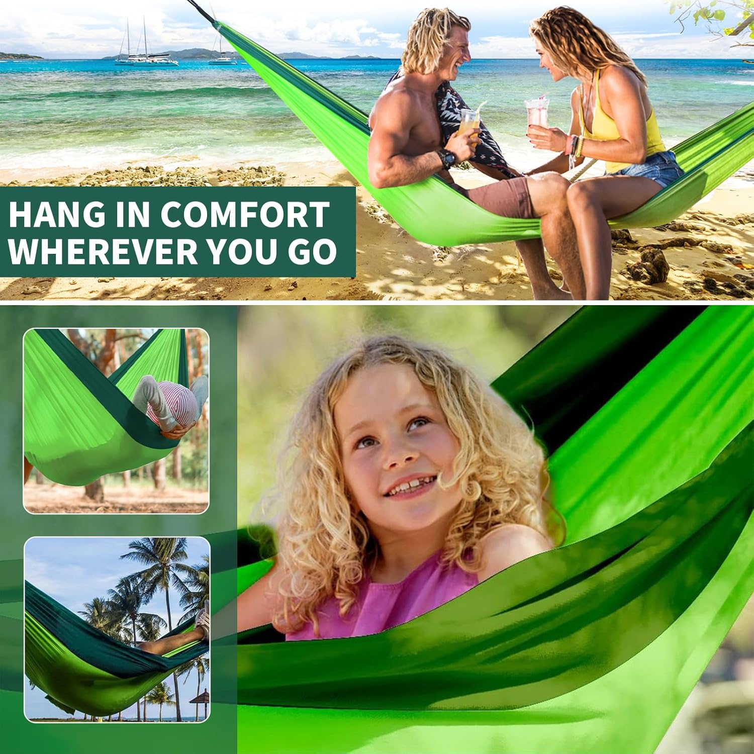 Double Camping Hammock with 2 Tree Straps, Lightweight Nylon Parachute Tree Hammock Tent, Portable Two Person Parachute Hammocks Swing for Outdoor Hiking Beach Backpacking (Sky Blue & Deep Blue) image number 5