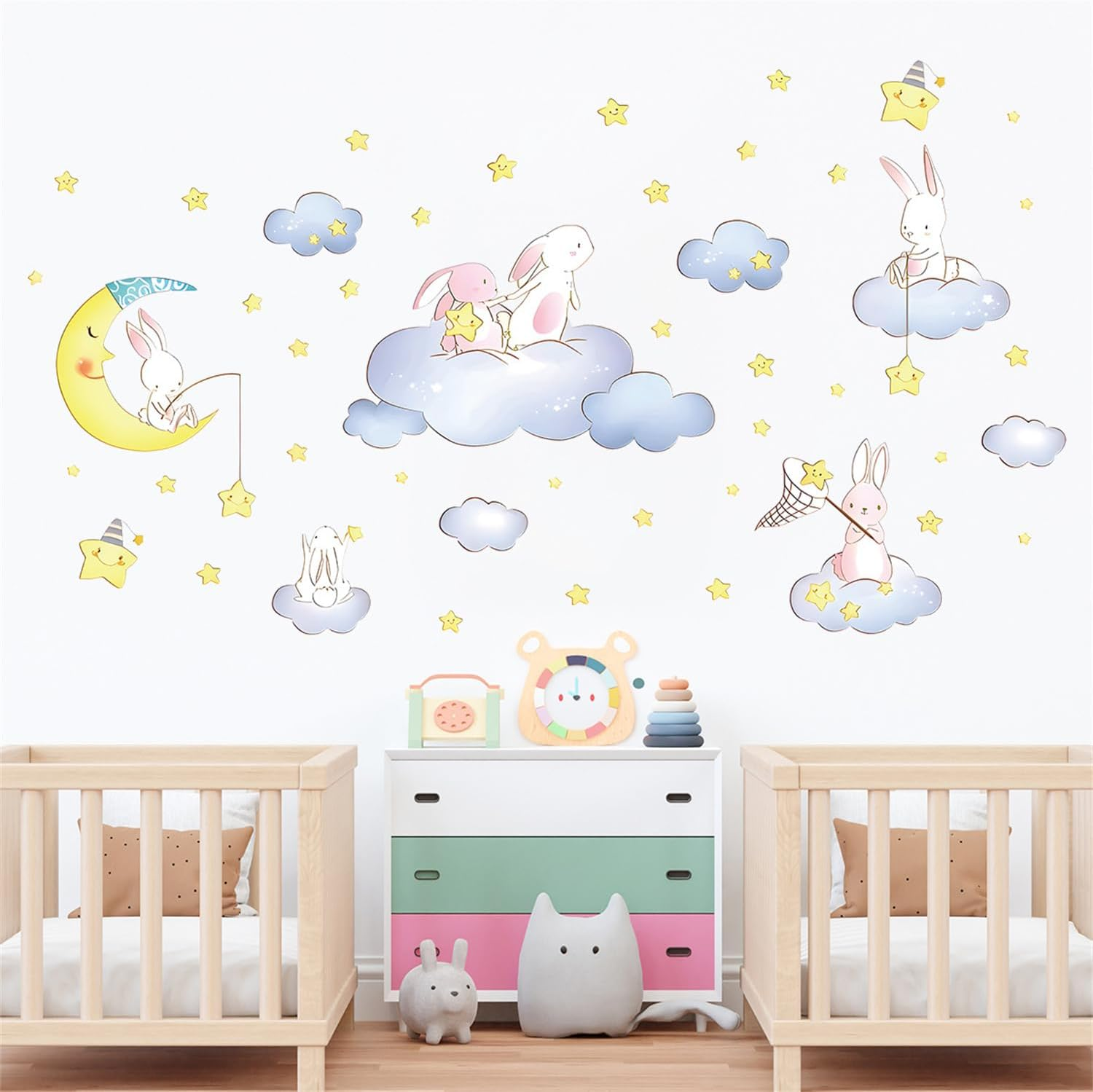 Cartoon Cute Rabbit Wall Decal the Moon and Stars Cloud Bunny Wall Stickers Nursery for Bedroom Girls Decor