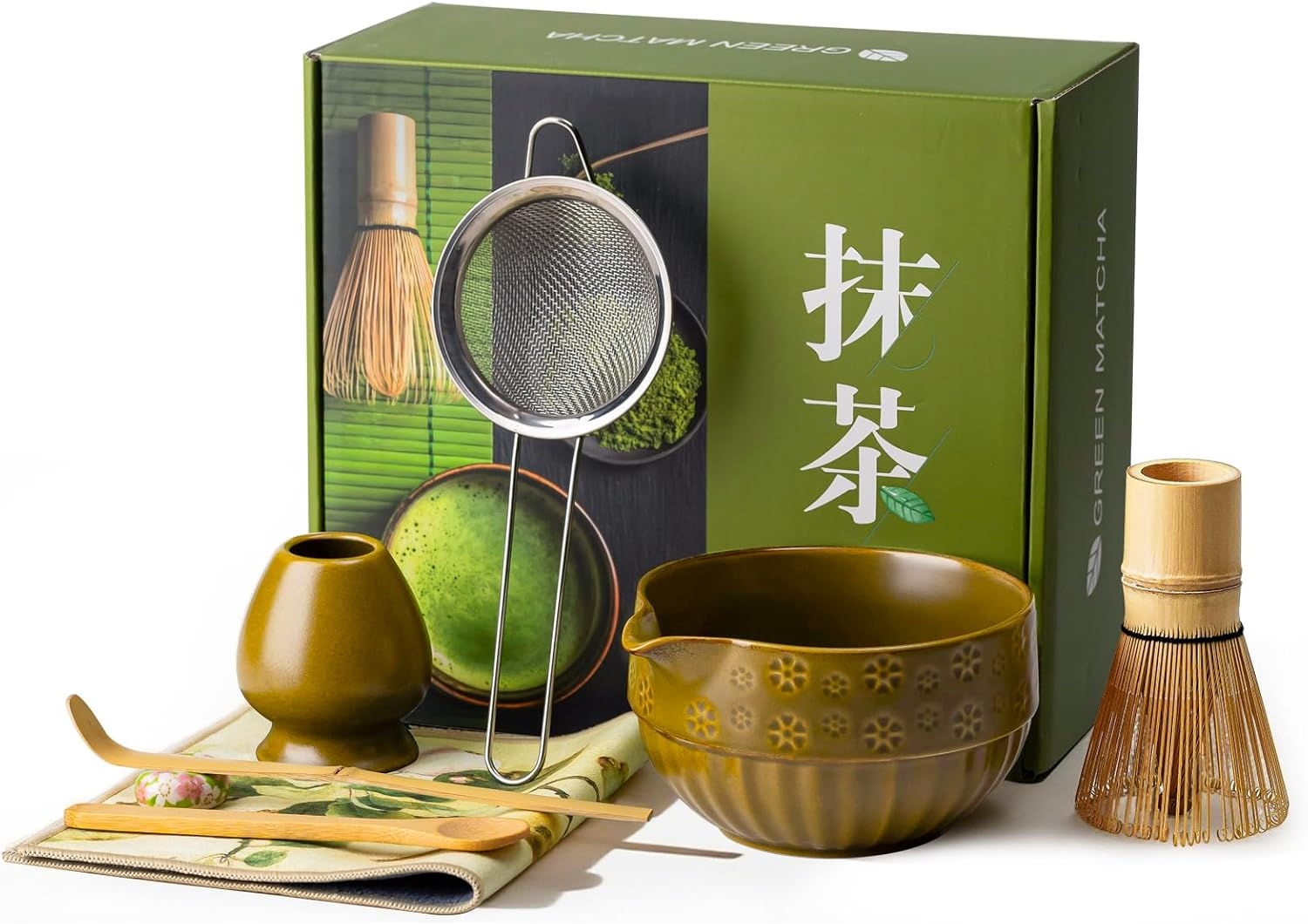 Matcha Tea Set &ndash; 8 Pcs Japanese Matcha Ceremony Kit with Matcha Bowl with Spout, Whisk (Chasen), Scoop (Chashaku),Spoon, Sifter, Tea Cloth (Chakin), Chasen Holder, Ceramic Stand for Scoop