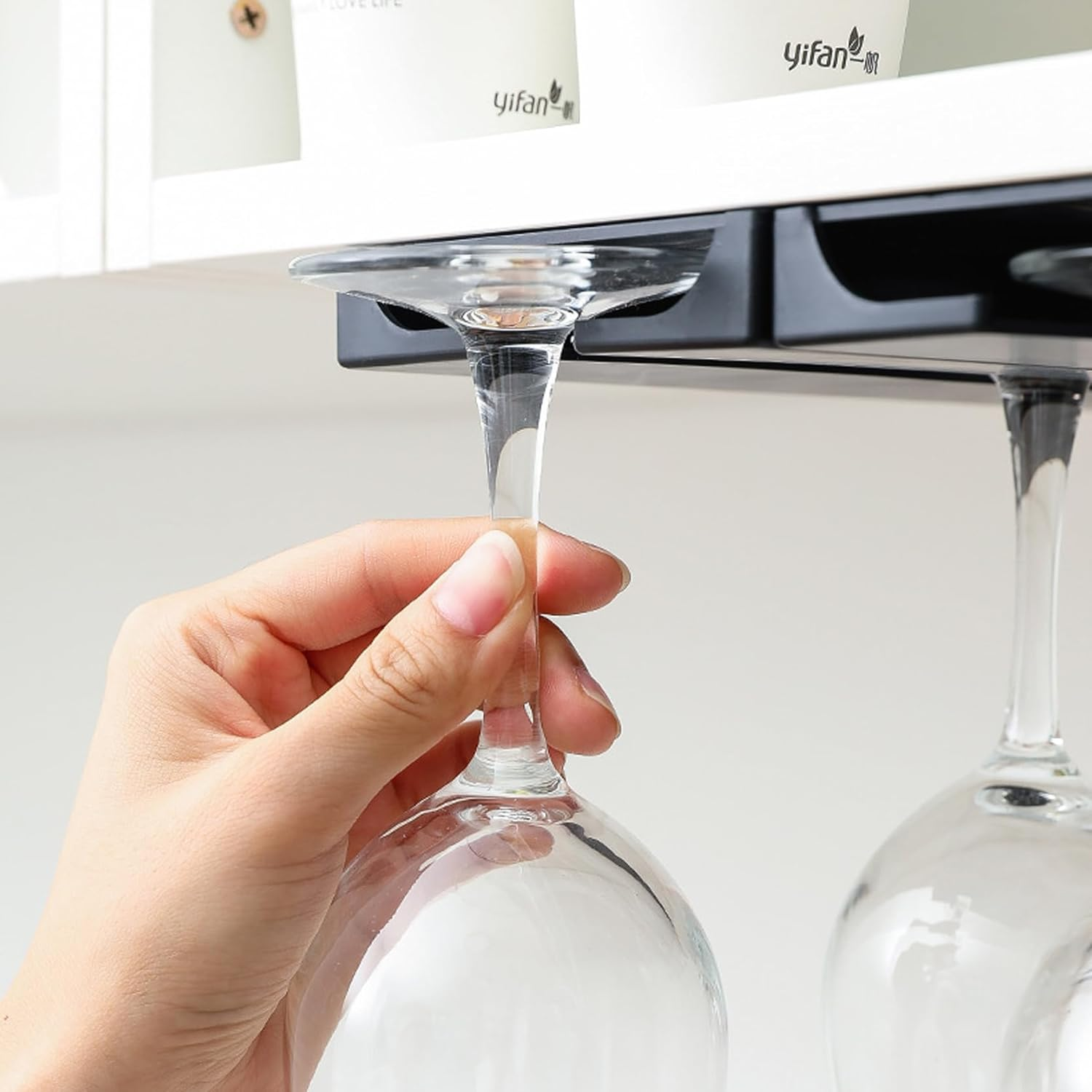 2 Pack Self Adhesive Wine Glass Rack,Wine Glass Rack, Punch-Free under Cabinet Stemware Wine Glass Holder Glasses Storage Hanger Plastic Organizer Stemware Racks (White)