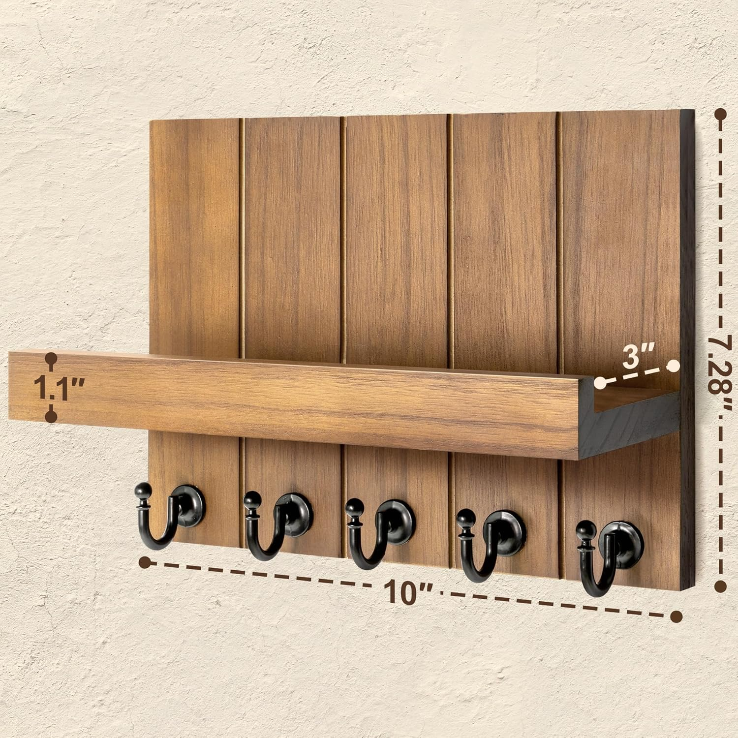 Rebee Vision Decorative Key Holder for Wall - Rustic Key Hooks with Shelf and Mail Organizer Wall Mount for Farmhouse Home Decor or Living Room - Home Essentials for New Home (Retro Brown) image number 2
