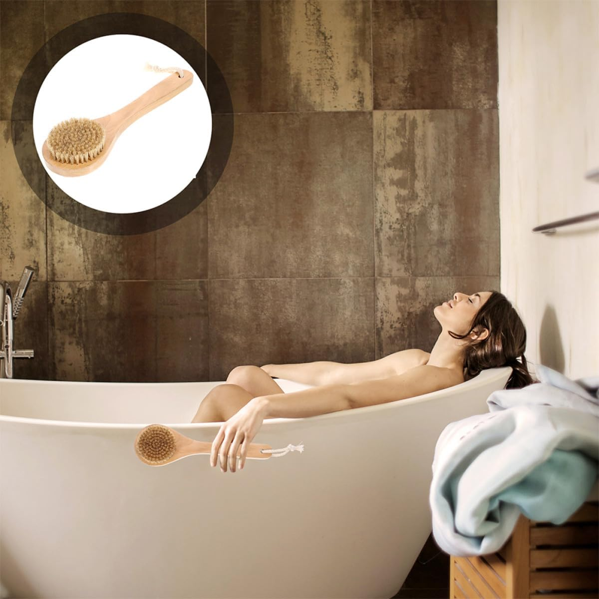 OKUMEYR Soft Bristle Boar Bristle Bath Brush with Wooden Handle Exfoliating Massage Shower Brush for Body Cleansing and Skin Care Medium Size Suitable for Home and Travel Use