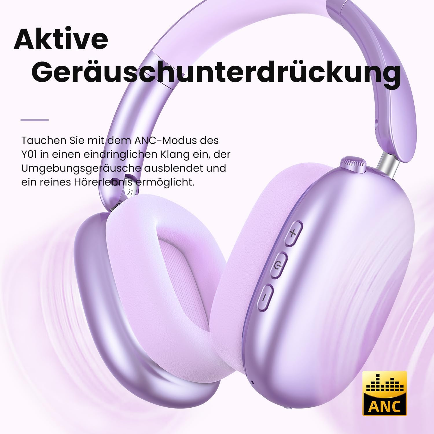 Wentronic Y01 Noise Cancelling Headphones, Wireless Over-Ear Headphones, Bluetooth 5.3, Hi-Res Sound, 48H Playback, Foldable with Microphone for Ios/Android/Pc - Purple image number 4