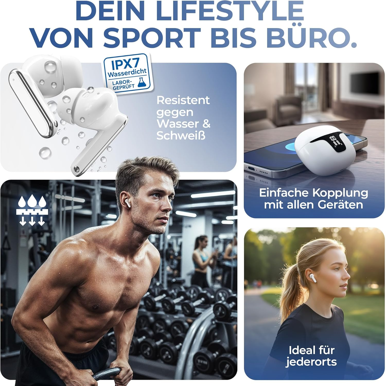 FREI PUNKT 24 In-Ear Headphones - Bluetooth 5.3, White, ANC+ENC Noise Cancellation, 6+48H Runtime, LED Display, Rich Bass, 3 Pairs Silicone Ear Tips