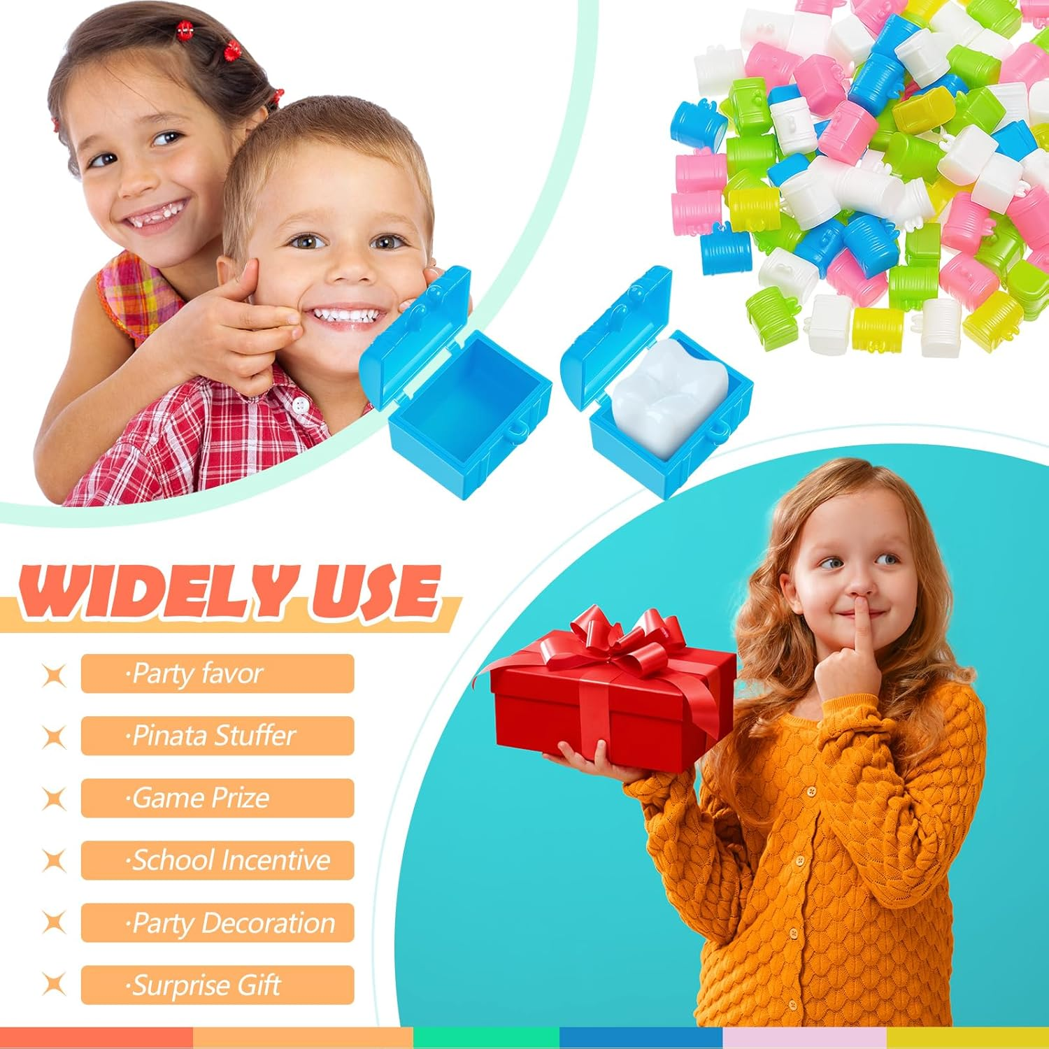 Pinkunn 200 Pcs Plastic Tooth Holder Boxes Tooth Fairy Box for Kids Colorful 0.8 X 0.6 X 0.6 Mini Treasure Chest for Boy Girl Lost Teeth Keepsake Dentist Theme Party Supplies Goodie Bag Filler