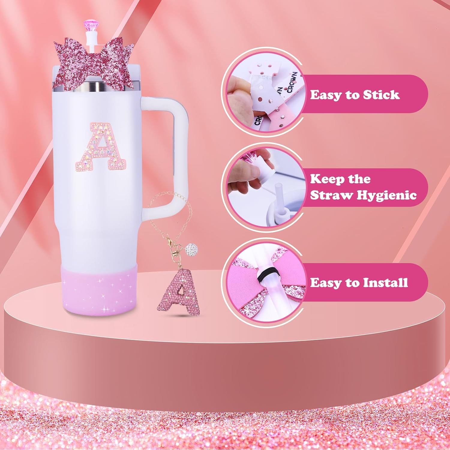 5Pcs Stanley Cup Accessories Set,Letter Charm for Stanley Cups,Including Diamond Straw,Bow Straw,Sparkly Silicone Boot for Stanley Cup 30Oz&40Oz(A) - C image number 2