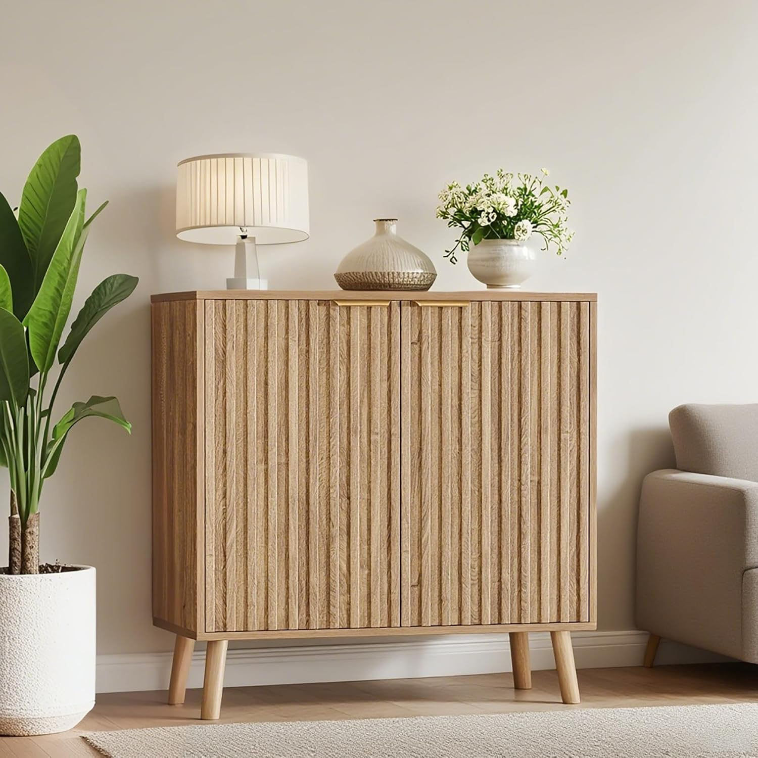 Patiopia Fluted Storage Cabinet, Buffet Cabinet with Storage, Sideboard Buffet, Multifunctional Credenza, Wood Sideboard with Adjustable Shelves, Natural image number 4