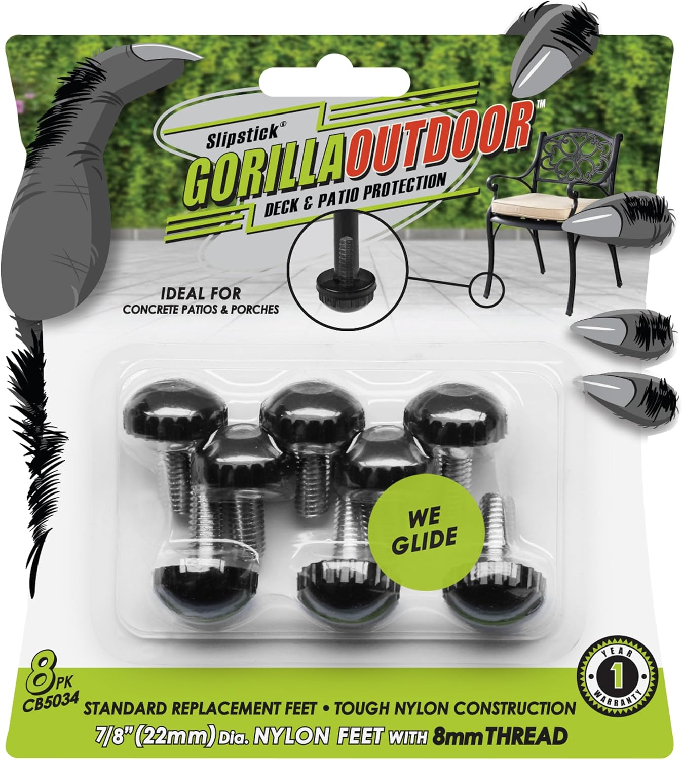 Slipstick Gorilla Outdoor Adjustable Furniture Levelers (8 Pack) Weatherproof Screw in Leg Glides for Chairs, Tables, and Outdoor Furniture Feet, 28Mm Slider Glide, M6 Thread