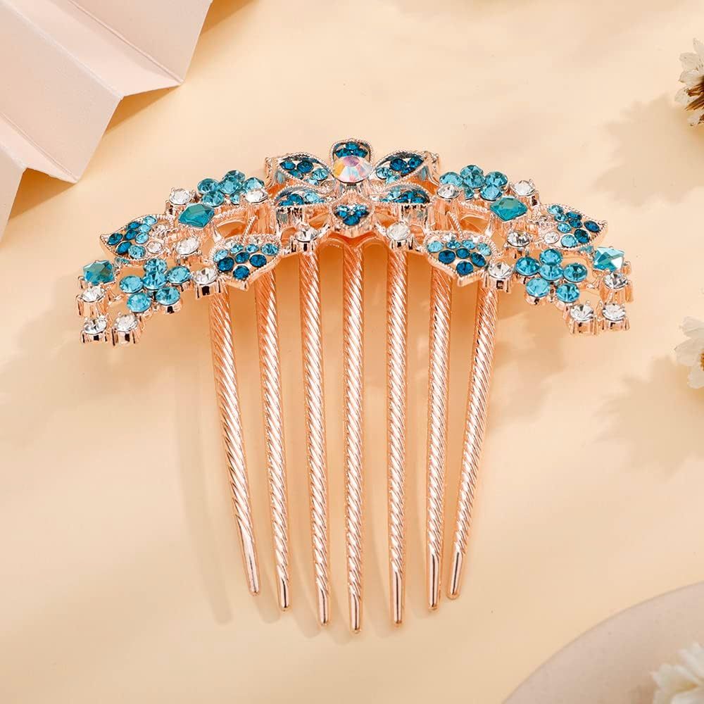 Jumwrit Crystal Bride Wedding Hair Comb Love Heart Leaf Colorful Rhinestone Flower Hair Side Comb Rose Gold Hair Clip Comb Floral Vintage Bridesmaid Headpiece Bridal Hair Jewelry for Women Girls(Blue) image number 3