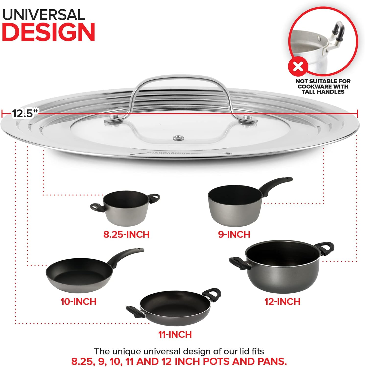 Modern Innovations Universal Lid with Tempered Glass Top for Pots & Pans, Fits 8.25, 9, 10, 11, and 12 Inch Cookware - Large Replacement Frying Pan Cover, Cast Iron Skillet Lids - Stainless Steel image number 5