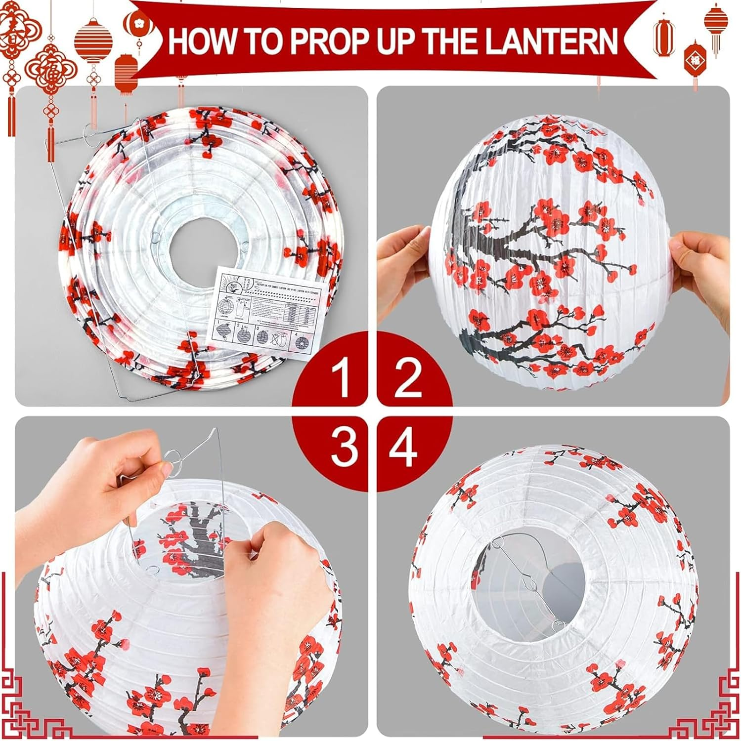 10PCS Chinese Japanese Cherry Blossom Paper Lanterns, 12 Inch 5PCS White Sakura Paper Lantern 5PCS Red Sakura Paper Lantern for Restaurant Home Wedding Party Decoration image number 3
