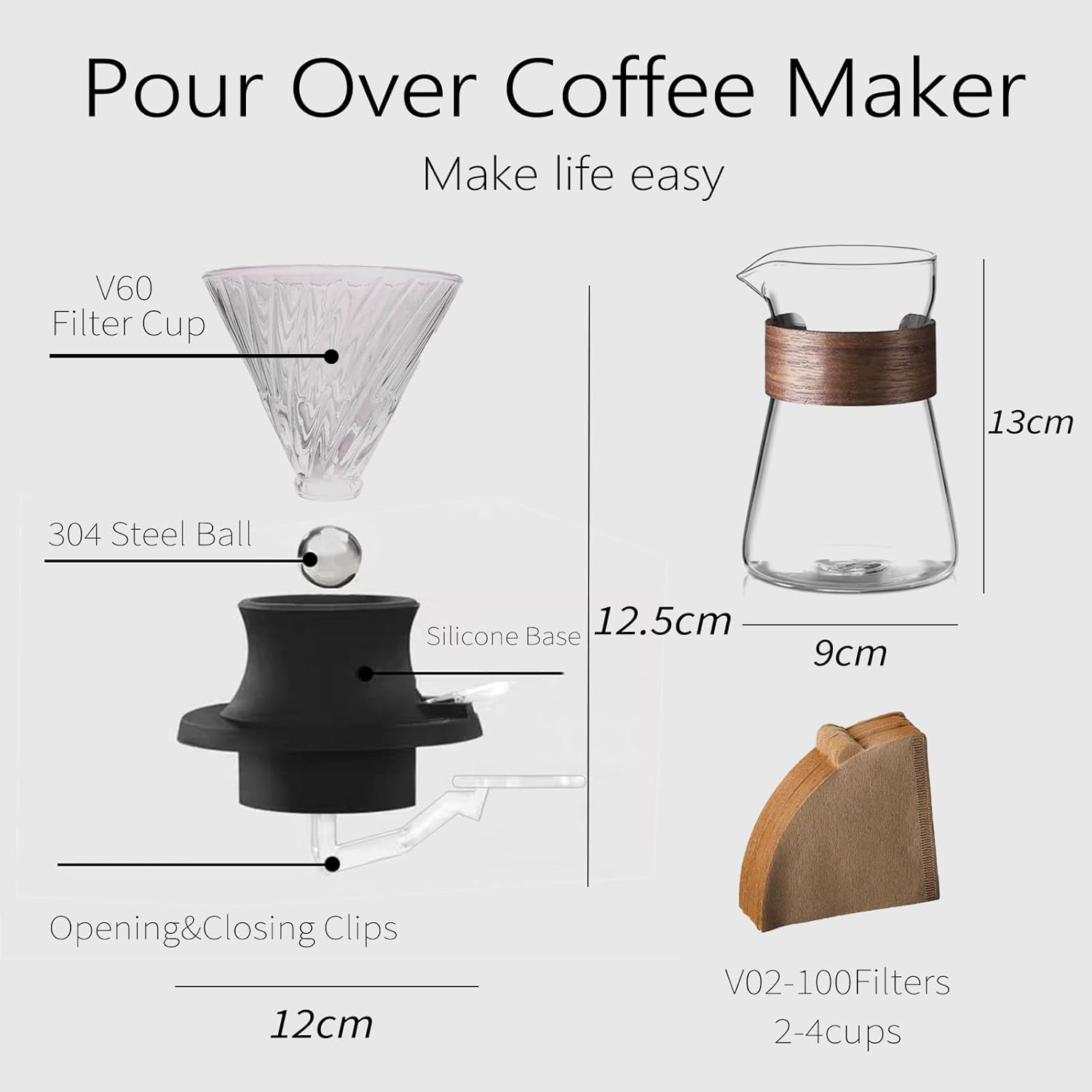 Pour over Coffee Maker, 18 Oz Borosilicate Glass Set with 100 Pcs V60 Paper Filter - Coffee Dripper with Control Buttons Allowing Coffee to Flow or Stay in Place, 1-3 Cups, Clear image number 4