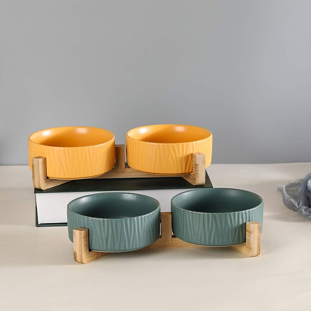 Green Ceramic Cat Dog Bowl Dish with Wood Stand No Spill Pet Food Water Feeder Cats Dogs Set of 2 image number 3