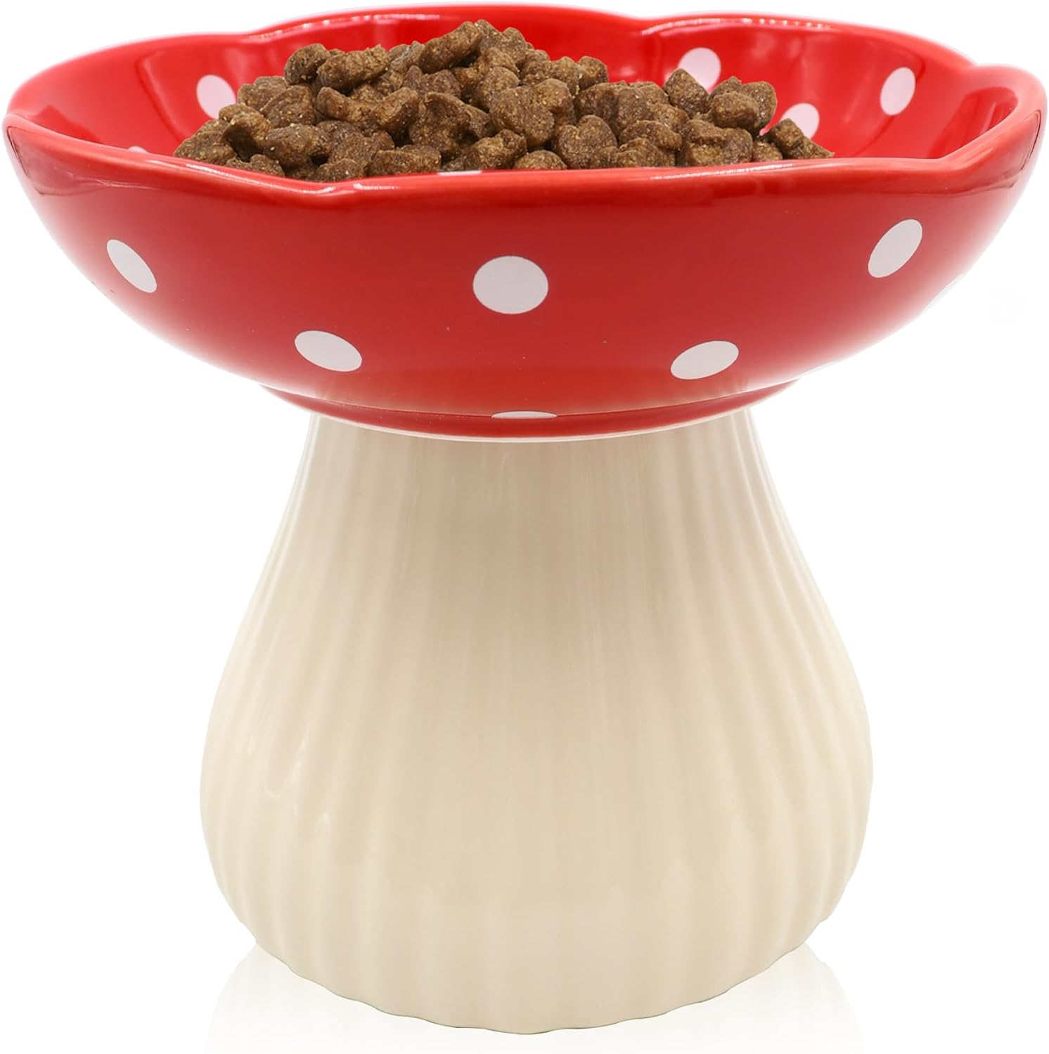 Ceramic Raised Cat Bowl, Wide Shallow Elevated Cat Bowls Whisker Friendly, Cute Mushroom Cat Food Bowls Elevated for Flat Faced Kitten, Cat Dishes for Food and Water (Red)