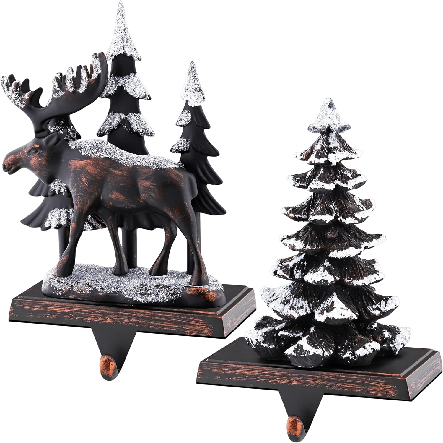 MCEAST 2 Pack Christmas Stocking Holders: Reindeer & Christmas Tree with Snowflake; Black, Fabric; 2 Hooks; Surface Rest; Stocking Hangers image number 6