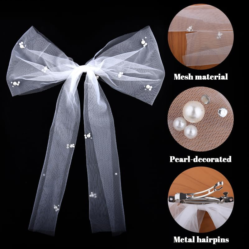 White Bow Wedding Veil for Bride - Short Tulle Veil with Pearl Hair Clip - Bridal Hair Accessories for Shower Party and Bachelorette image number 5