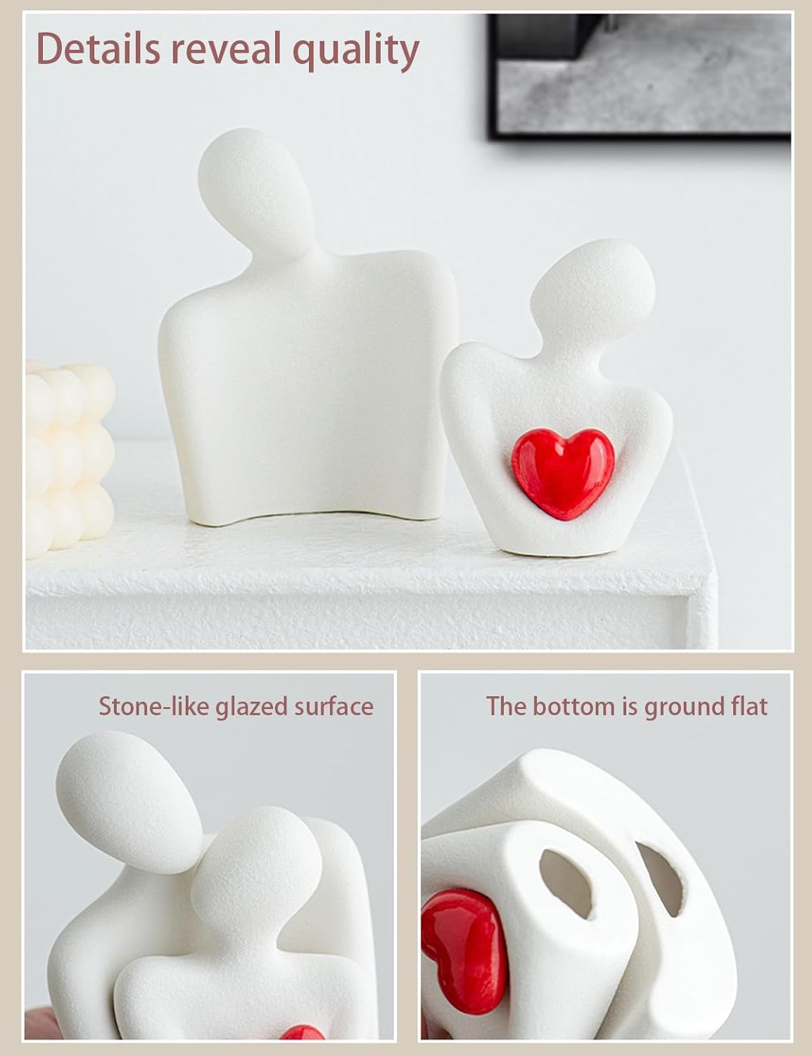 Modern Ceramic Couple Sculpture 4.6" X 3.6", Abstract Love Ornament, Statue for Living Room, Bedroom, Office,Desk Decoration, Couple Gift, Anniversary, Birthday Gift(White) image number 4