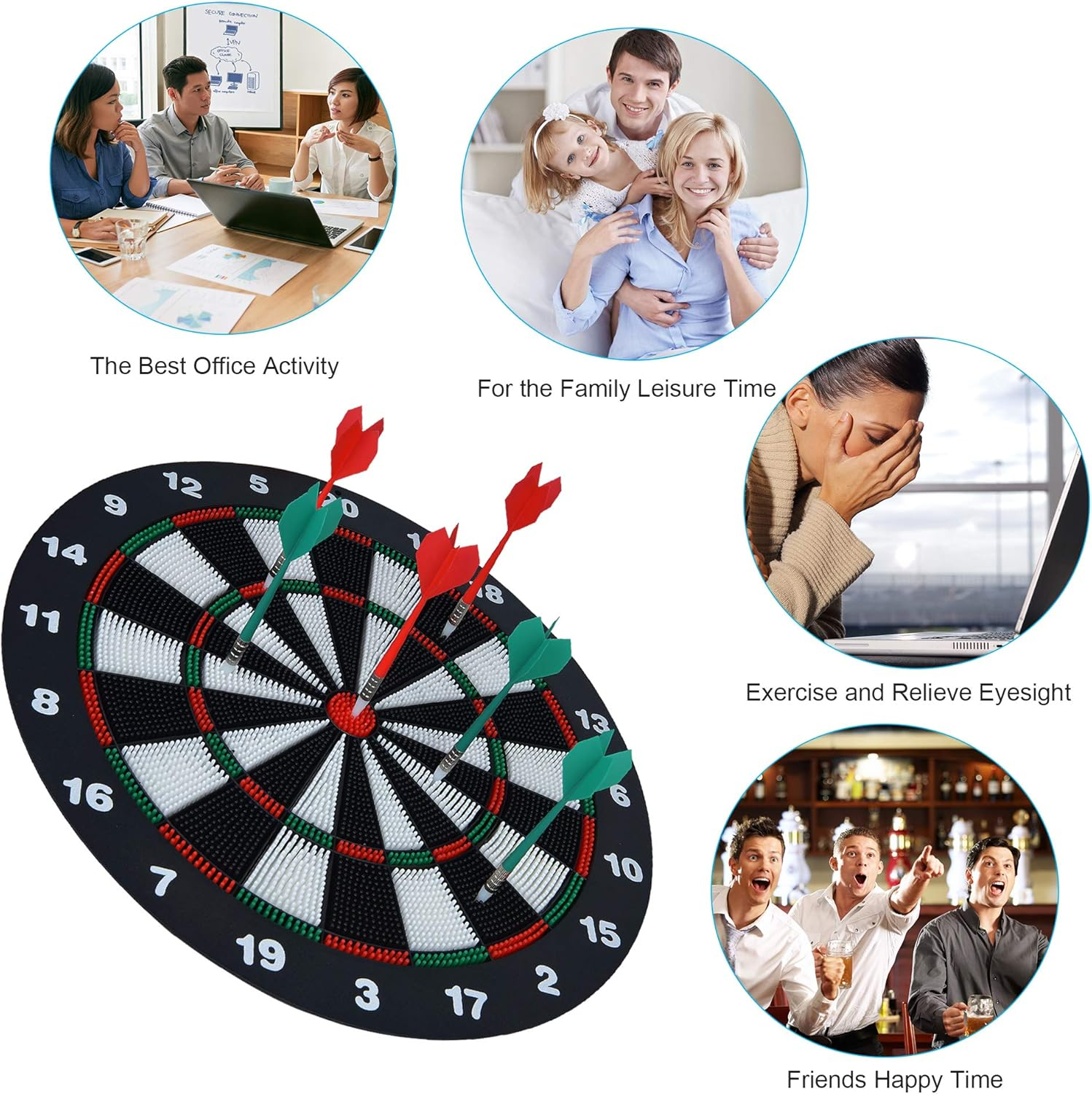 Portzon Dart Board, 16.4 Inch with 6 Rubber Safety Tip Darts Dartboard Game Set, Office Relaxing Sport & Family Leisure Time image number 3