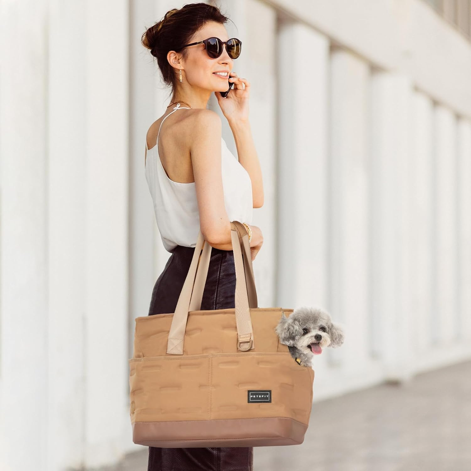 Petsfit Foldable Dog Carrier Bag Shoulder Bag Sling Puppy Bag for Small Dogs Puppies Cats Khaki image number 2