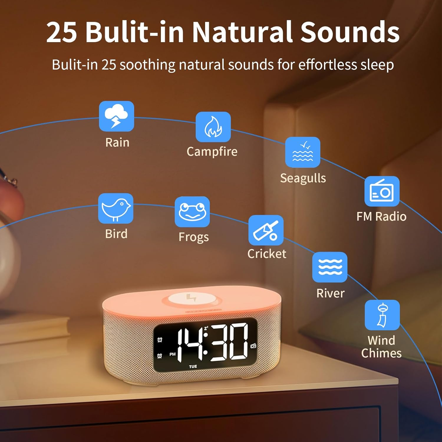 Sound Machine Alarm Clock for Bedroom, 15W Fast Wireless Charger, Digital Clock with FM Radio, Nightlight, Snooze, Dimmer, Bluetooth Stereo Speaker, White Noise Machine for Sleeping with 25 Sounds image number 2