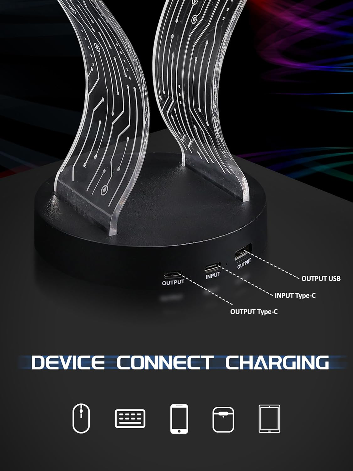 Light up Headphone Stand with 16 Color Lights, PCB Pattern Acrylic Headset Stand with 1 USB and 1 Type-C Charging Ports, Gifts for Gamers Men and Music Lovers image number 2