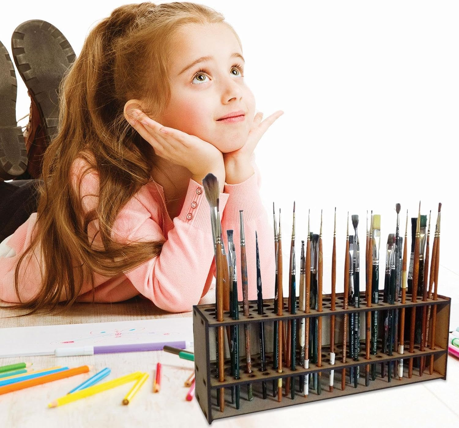 Brush Case - Brush Holder for Artists, Wall Mounted Wooden Tray Stand with 67 Holes | Wall Mounted Brush Stand and Desk Organiser for Watercolour Brushes and Eyeliner image number 1