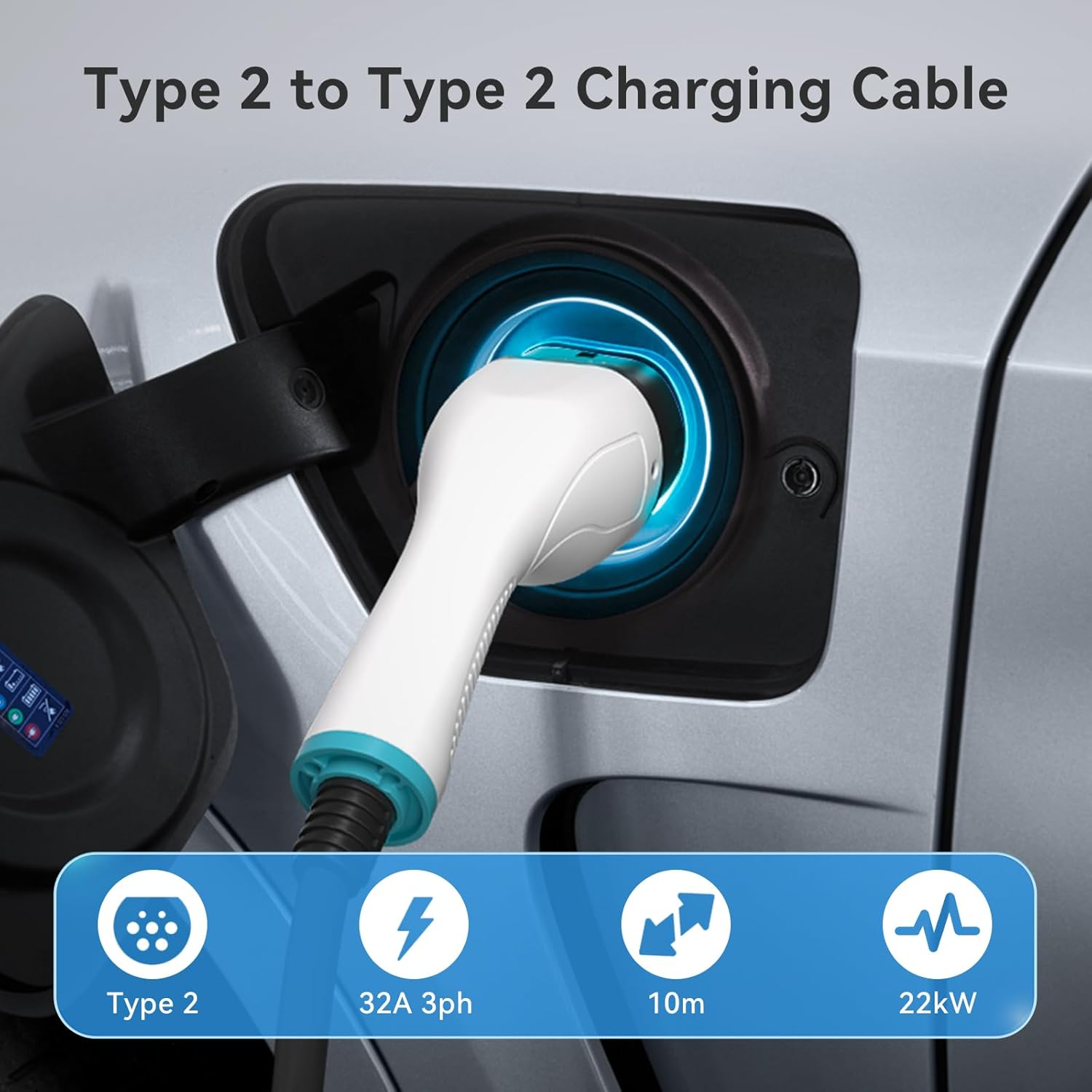 22Kw 32A Type 2 to Type 2 EV Charging Cable, 10M Portable Type 2 EV Charger Cable | 480V | 3 Phase | IP55 | for All IEC62196-2 Evs & Plug-In Hybrid Mennekes Model 3/Y BYD MG4, RCM Certified image number 2