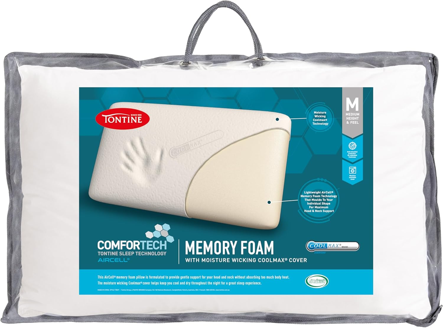 Tontine Comfortech Coolmax Memory Foam Pillow &ndash; Medium Height, Softness & Support, Washable & Removable Moisture-Wicking Cover, Anti-Microbial Protection, Hypoallergenic for Restful Sleep image number 4