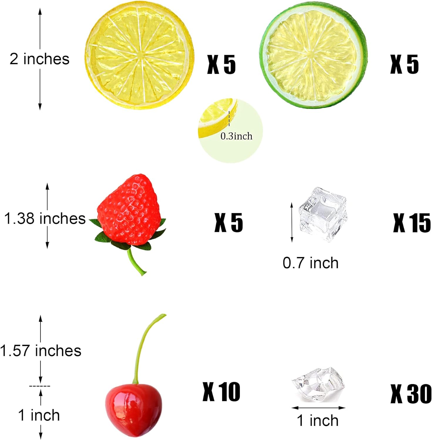 Chewarelly 70 Pcs Fake Fruits Ice Cube Set, Include 10 Artificial Lemon Slice 10 Simulation Cherries 5 Fake Strawberry 45 Fake Crushed Ice and Ice Cubes for Home Kitchen Decoration - Color Ice With Lemon Strawberry Cherry image number 3
