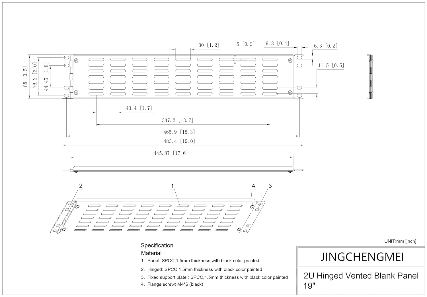 Jingchengmei 2U Hinged Blank Panel - Slot Vented Server Rack Panel for 19-Inch Network Cabinet or Server Rack Enclosure Black (2UVBPHN, Black)