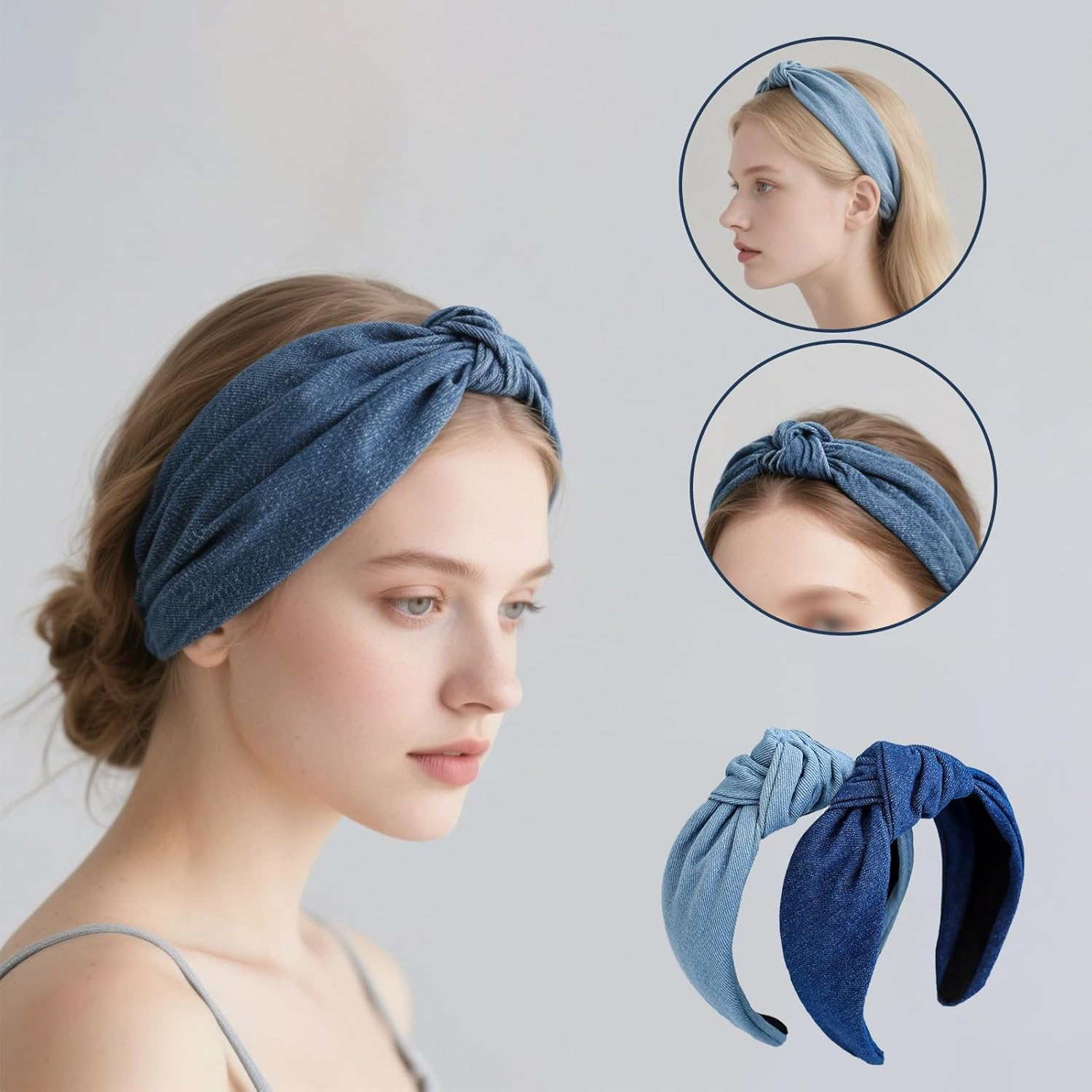 Pack of 2 Vintage Denim Knot Headbands Non-Slip Solid Wide Elastic Hair Bands with Cross Knotted Head Hair Accessories (Dark Blue Light Blue) image number 4
