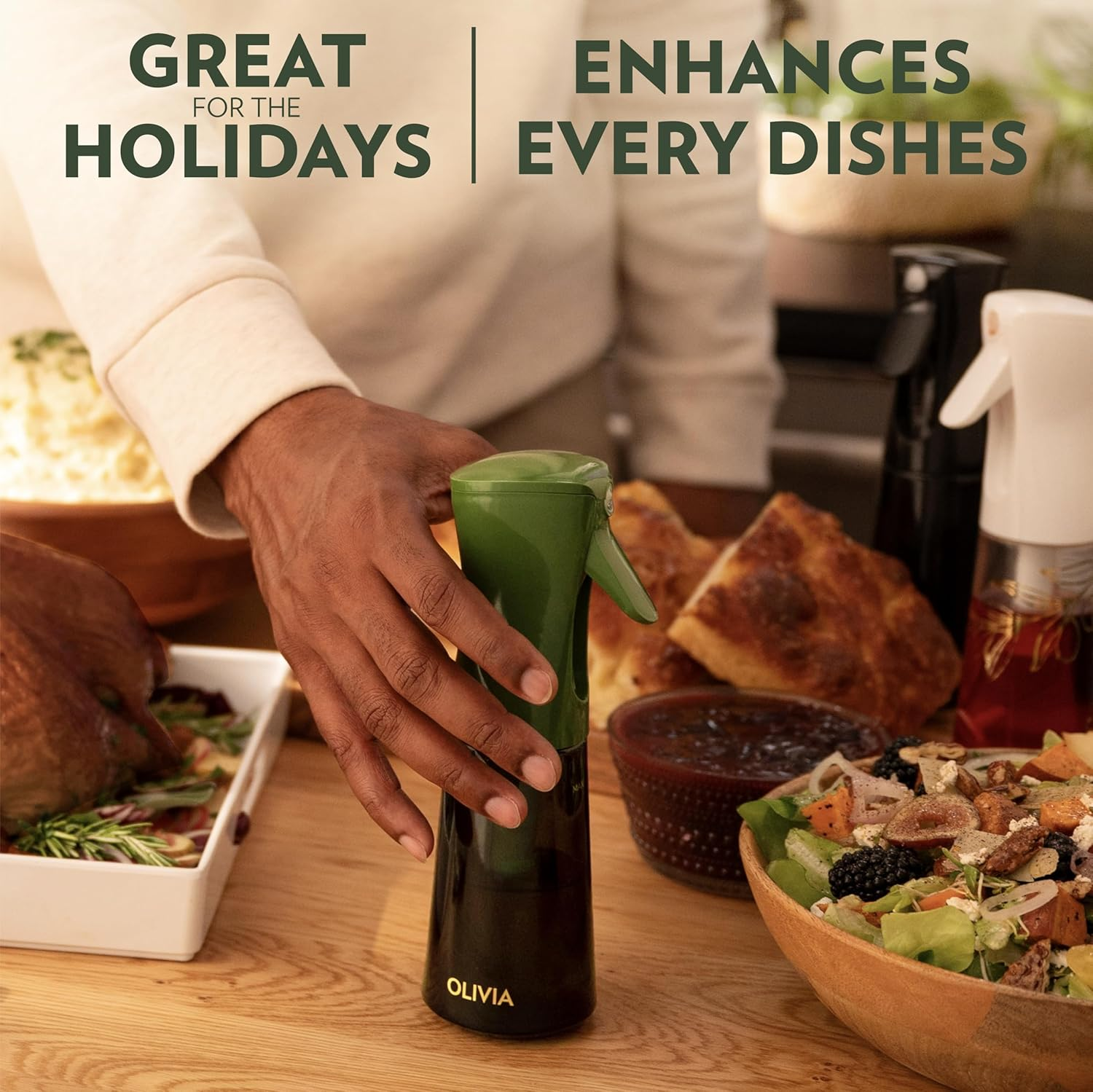 FLAIROSOL OLIVIA Oil Sprayer for Cooking, 200Ml Glass Olive Oil Sprayer, Continuous Oil Spray Bottle with Portion Control, Oil Dispenser for Kitchen, Air Fryer, Salad, BBQ (Green Bottle, Gold Print) - Green image number 2