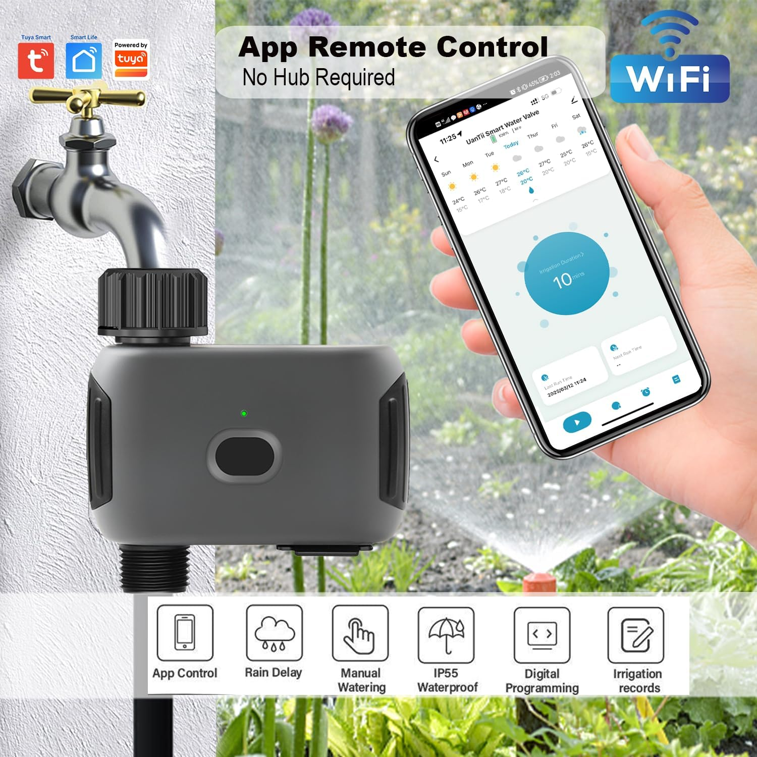 Uantii Smart Irrigation Water Timer Tuya Wifi Sprinkler Timer for Garden Hose,Smart Water Valve Controller,App Control,No Hub Required,Woks with Alexa and Google Home (1 Outlet) image number 6