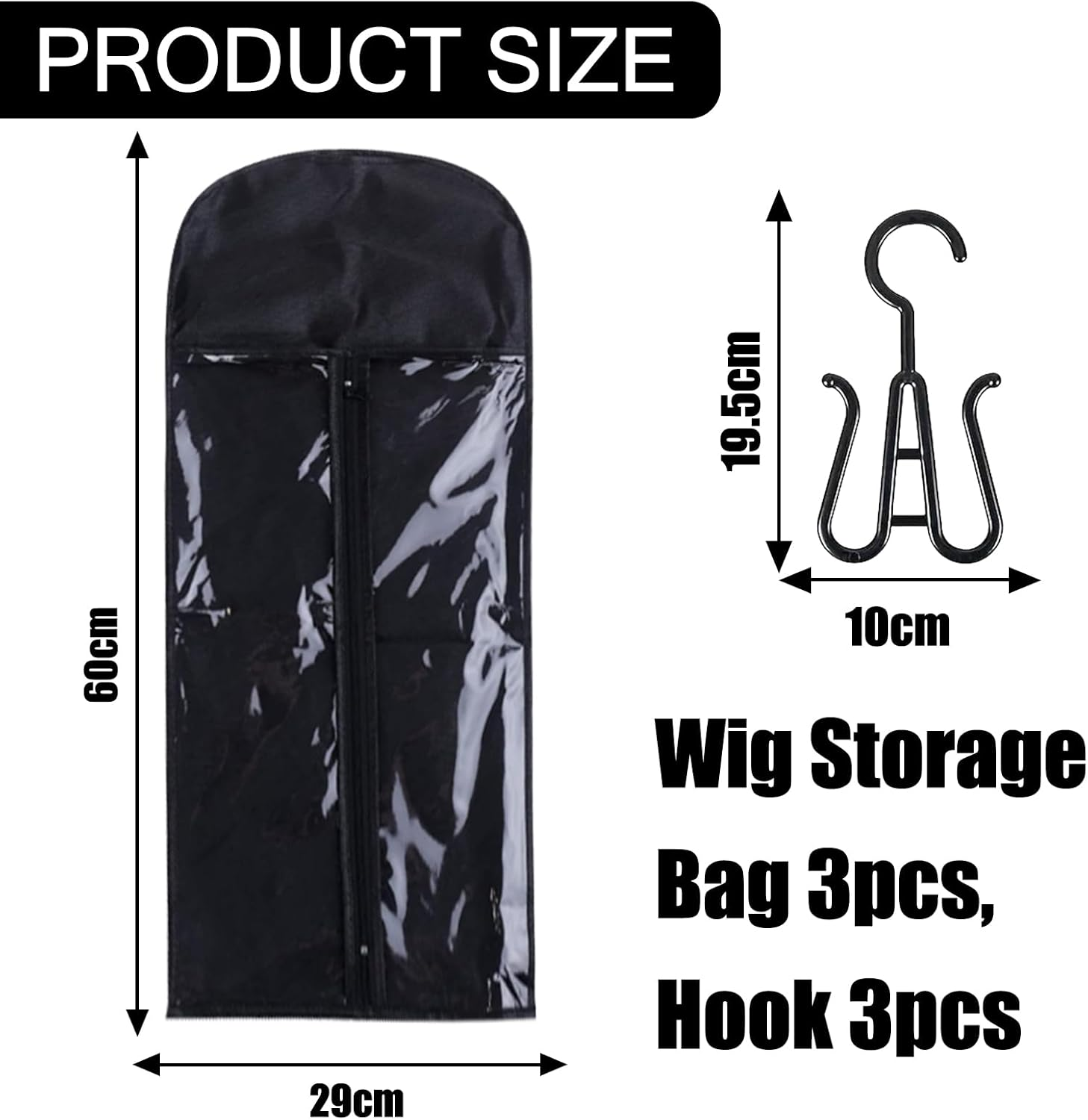 TYXHXTF 3Pcs Wig Storage Bag, Dustproof Wig Bag, Hair Extension Storage, Wig Storage Bag with Hanger (Black) image number 3