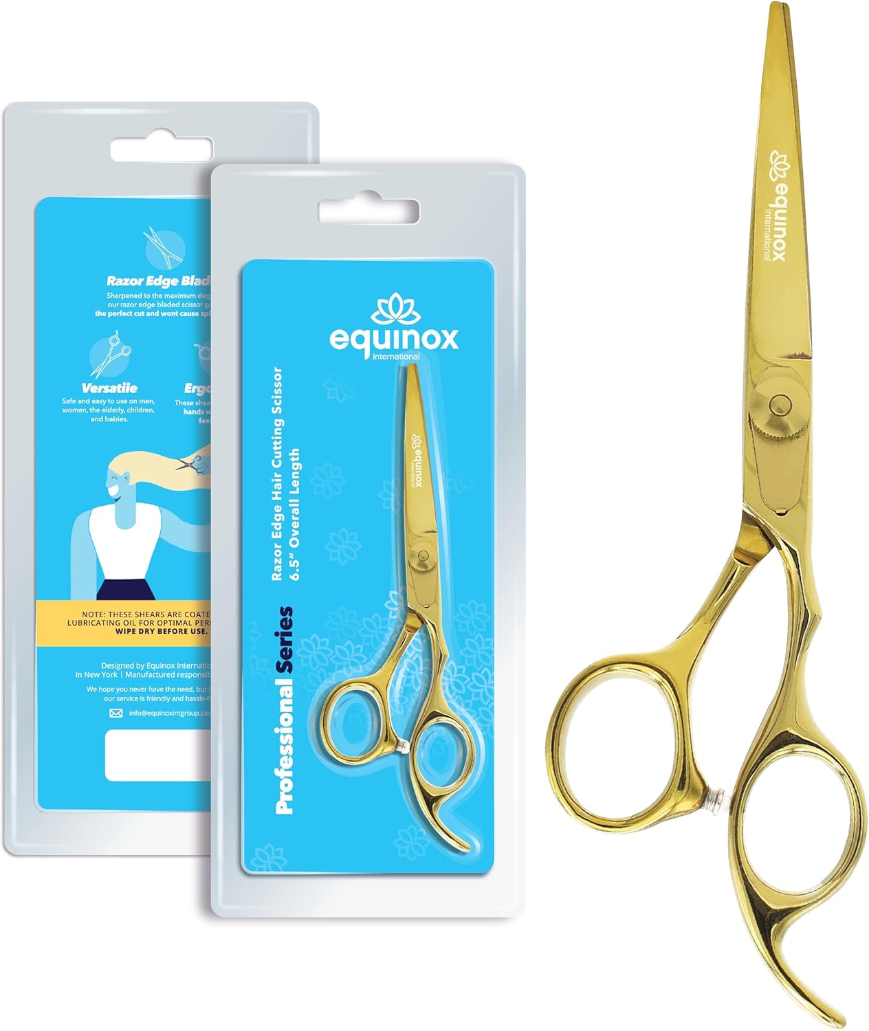 Equinox Professional Razor Edge Series - Titanium Barber Hair Cutting Scissors/Shears - 6.5" Overall Length with Fine Adjustment Tension Screw