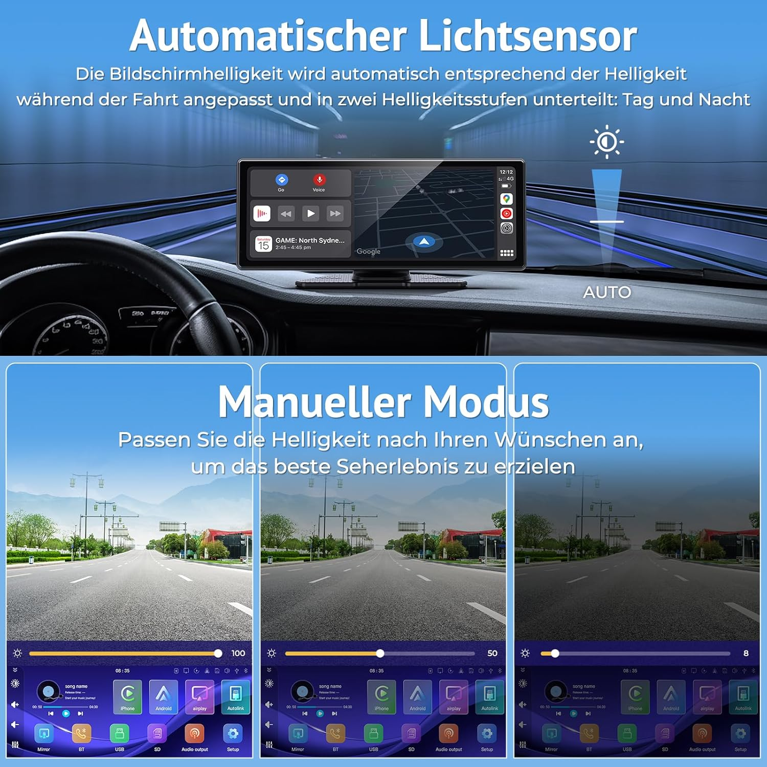 2025 Carplay Display Compatible with Carplay & Android Car, IPS Android Car Display with Light-Sensitive Function, Bluetooth, Mirror Link, Fm, Voice Control and Two USB Charging Ports image number 4
