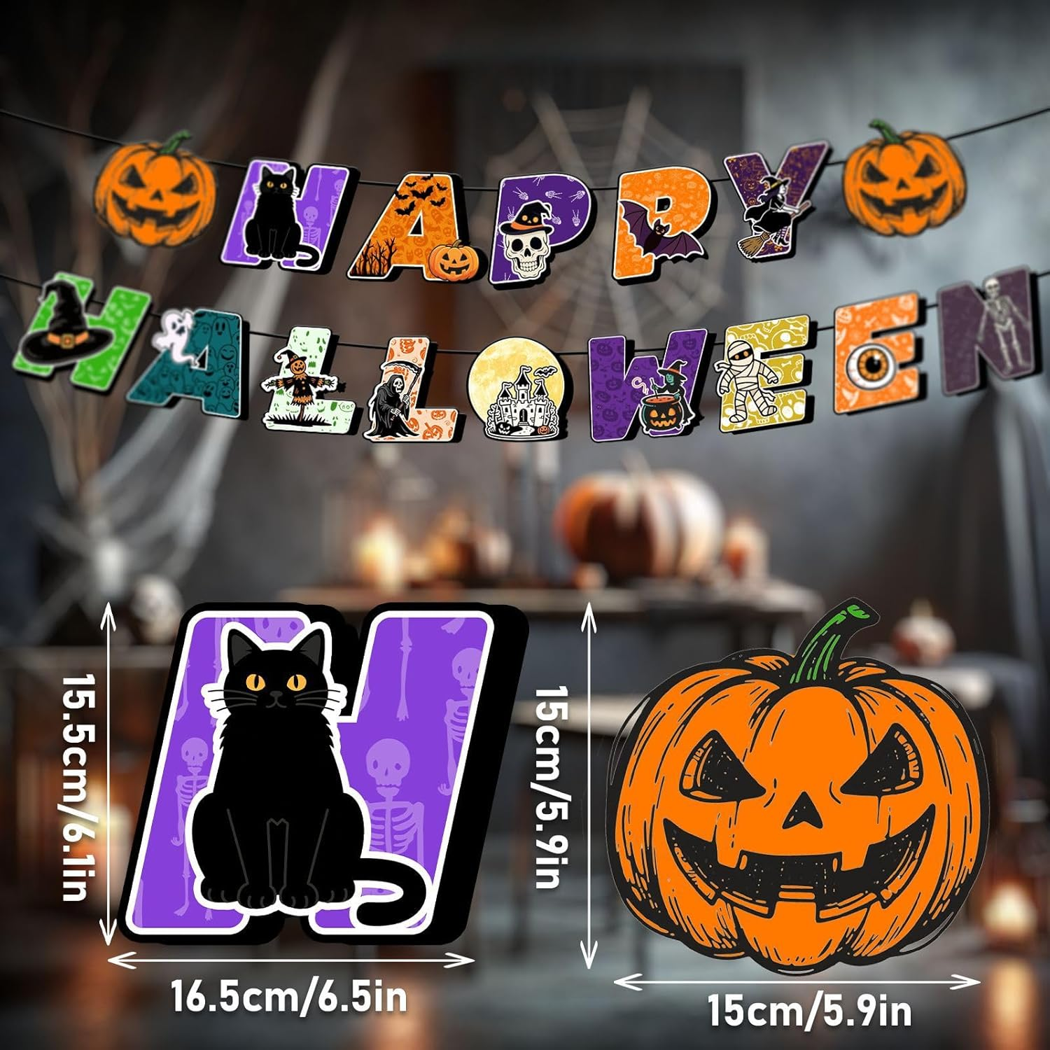 Halloween Party Decoration Banner Set, Glitter Pumpkin Garland and Happy Halloween Letter Banner, Indoor Wall Decor (Colorful One) image number 4