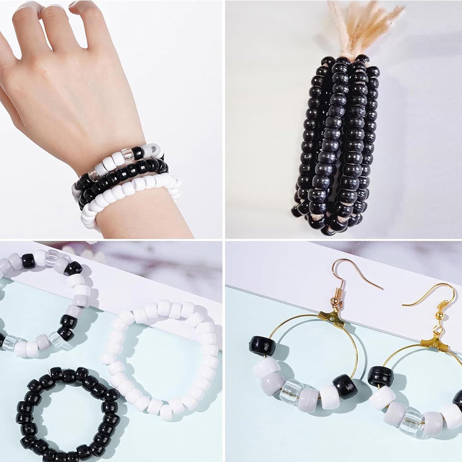 1200Pcs Pony Beads Bulk,9Mm Plastic Beads Jewellery Making Supplies,4 Styles Neutral Pony Beads for Bracelet Making Kit,Hair Beads for Braids,For Jewellery Making DIY Crafts image number 1