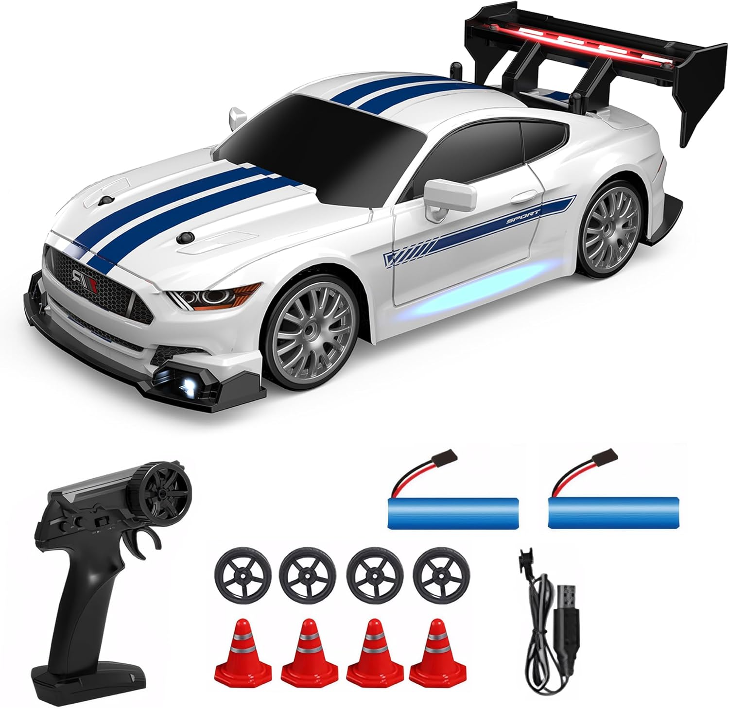 RC Drift Car with LED Lights, 1:24 4WD 2.4Ghz Remote Control Car for Kids Adults (White)