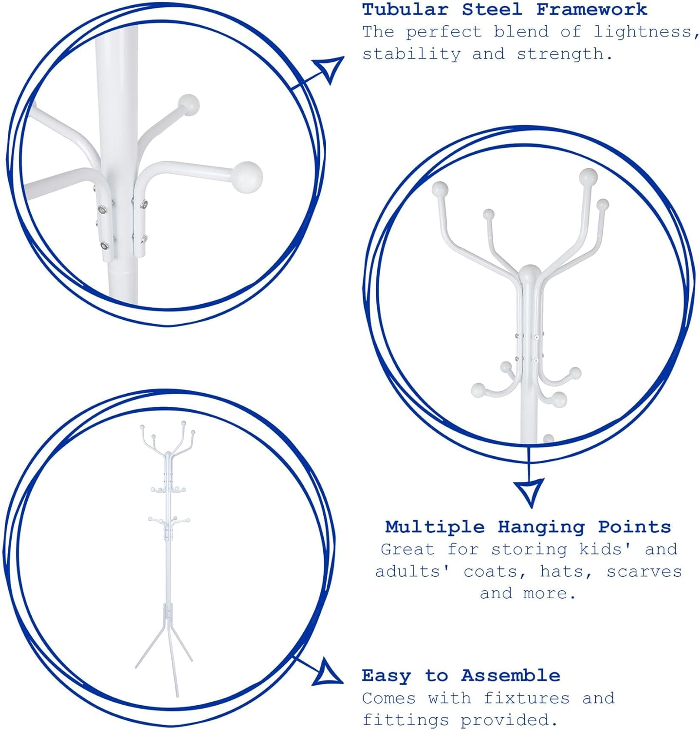 Harbour Housewares Coat Rack - White - Steel - Free-Standing Jacket Coat Stand Hat Hook Bag Hanger Tree Stand for Home Storage, Hallway, Entryway, Office - White image number 2