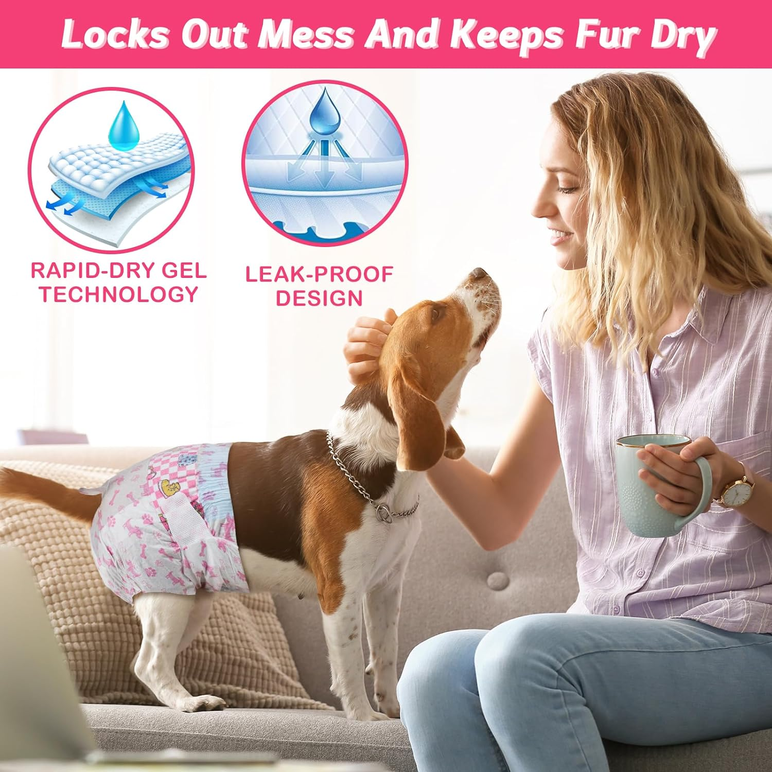 Dono Dog Nappies Female - 14Pcs, M Size, Pink, Female Dog Diapers, Super Absorbent & Soft, Urinary Incontinence, Heat Pants image number 4