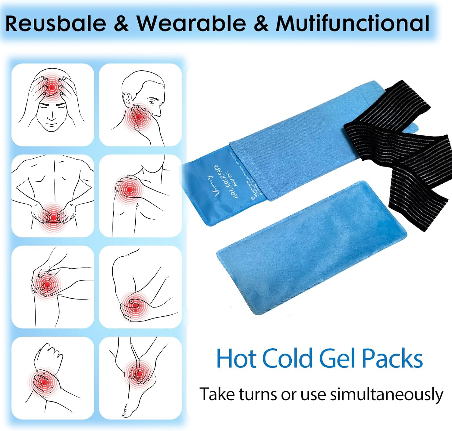 Vecozey Reusable Gel Ice Packs for Injuries 2 Packs 28 X 13 Cm Hot and Cold Compress with 1 Adjustable Wrap for Knee, Back, Joint and Muscle Pain Relief, Sports Injury Recovery Cold Heat Pack Blue image number 5
