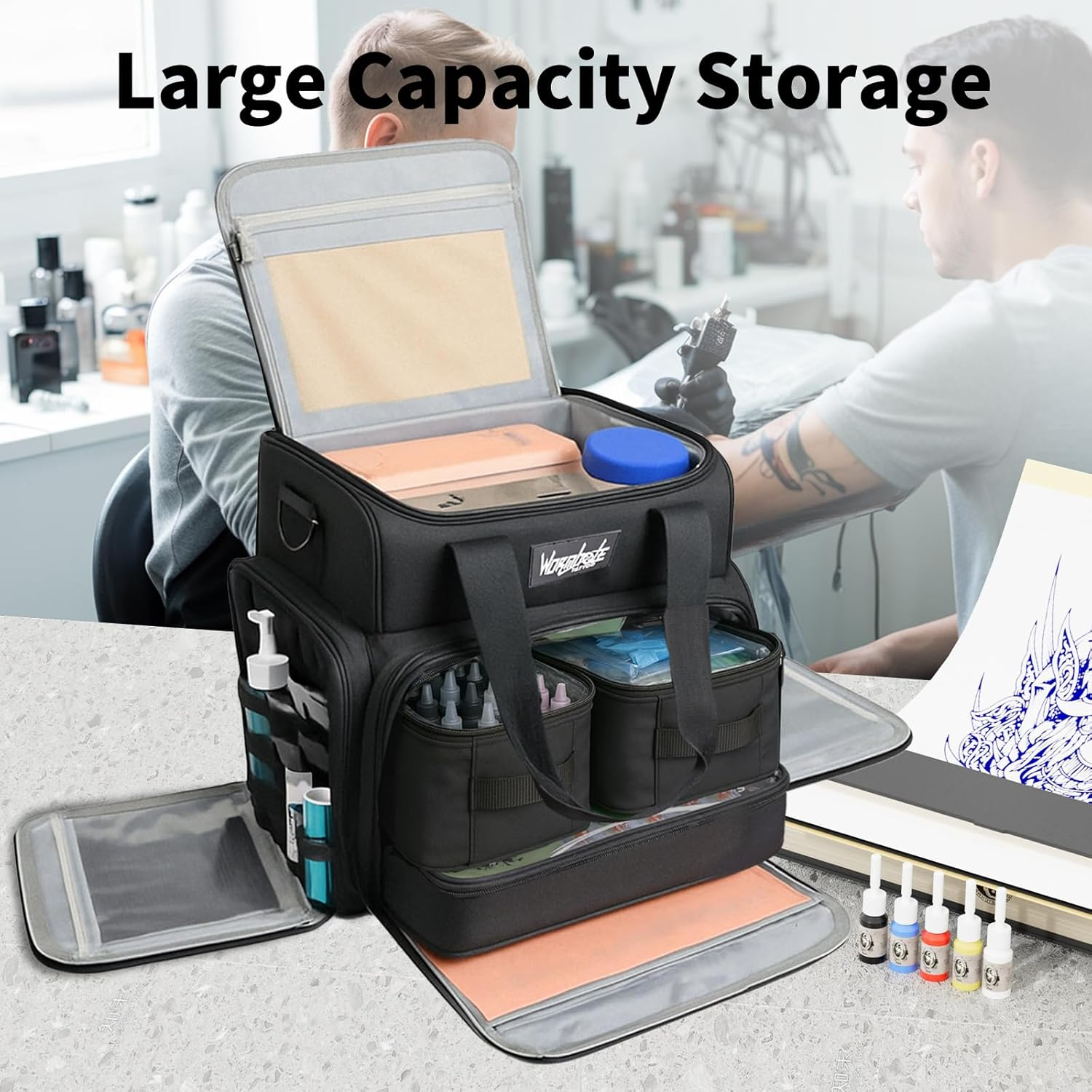 Wormhole Tattoo Case Tattoo Backpack with 3 Inner Removable Pouches 2 Layers Travel Bag for Tattoo Stencil Printer Tattoo Supplies Black 14.6" L X 9.5" W X 14.2" H image number 4